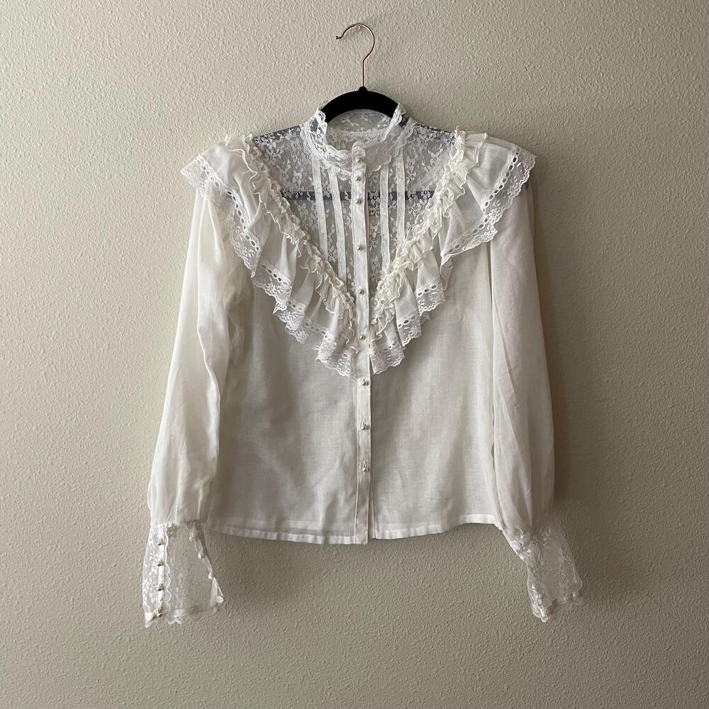 70s Gunne Sax Edwardian Lace Ruffle Blouse Victorian White Top 1970s size small - Picture 7 of 10